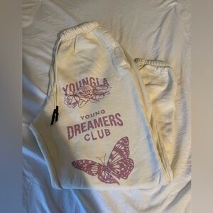 YoungLA Cream Track Joggers with Pink Graphic